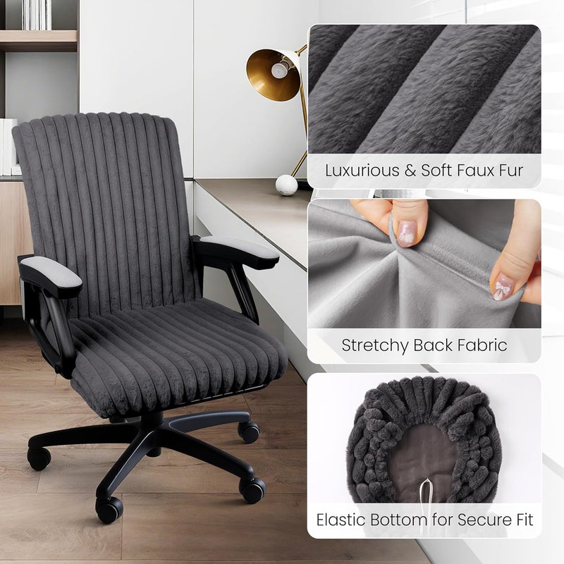 AELS Faux Fur Striped Office Chair Cover, Desk Chair Cover Computer Office Chair Covers - Fits Desk Chair/Armchair, Soft Breathable Fabric - Washable & Removable for Home & Office, Dark Gray - Image 4